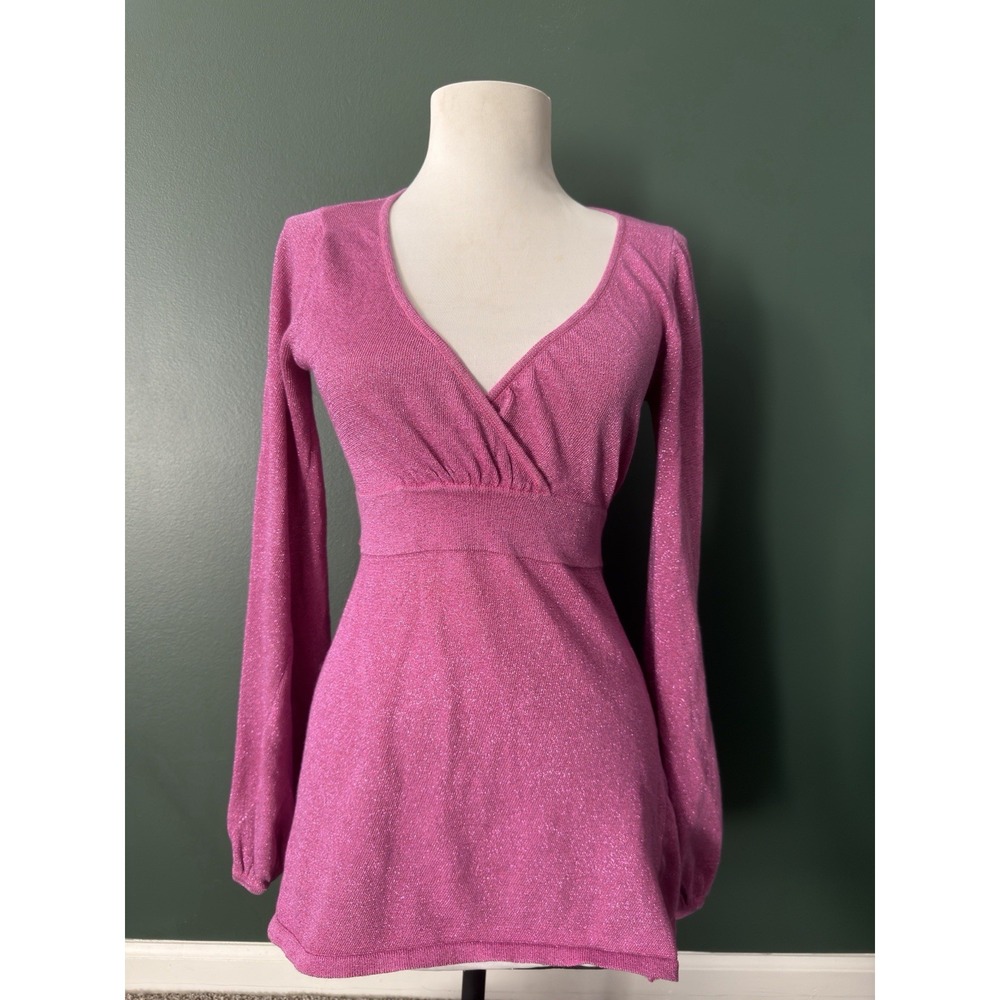 Vintage Y2K MKM Designs Pink Magenta Shimmer Long Sleeve Babydoll Top Sz Medium